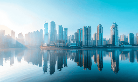 创意蓝色的港湾都市建筑小区大楼楼盘智慧城市