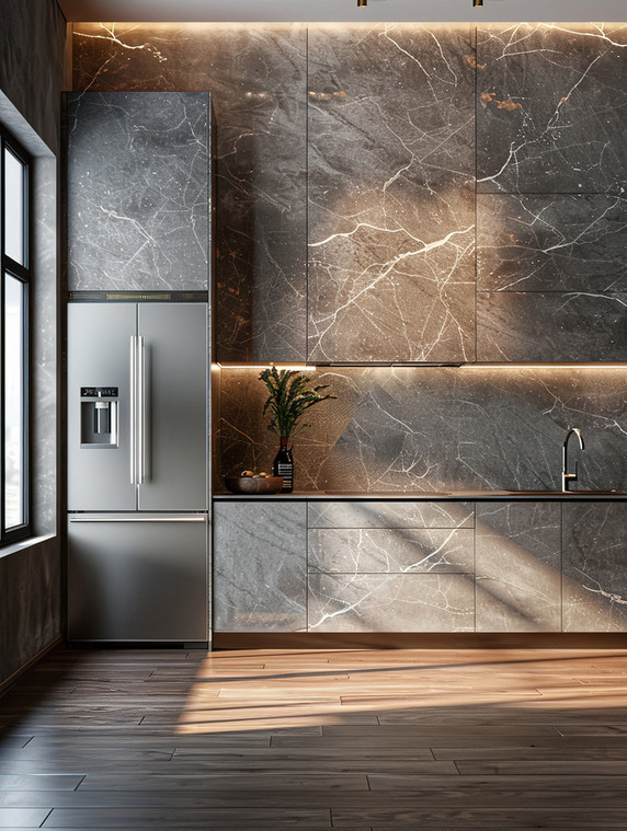 创意厨卫装修厨房内嵌的大冰箱高清摄影图