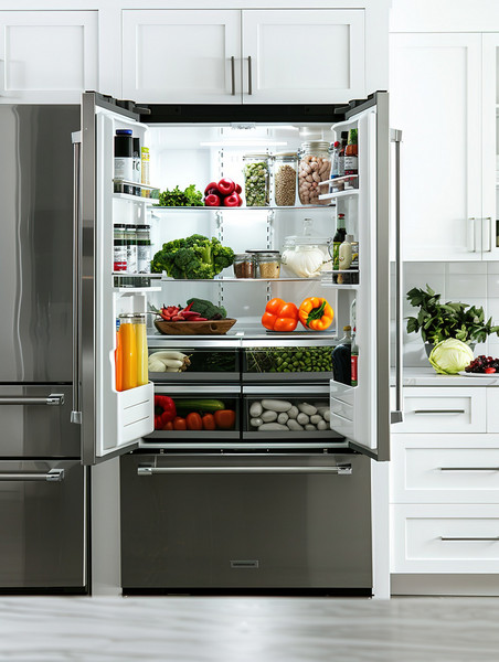 创意现代厨房双开门打开的冰箱高清摄影图