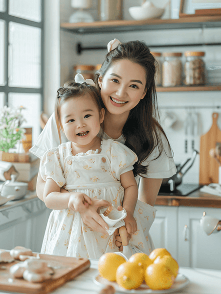 创意亚洲人年轻妈妈和女儿在厨房母婴亲子母亲节