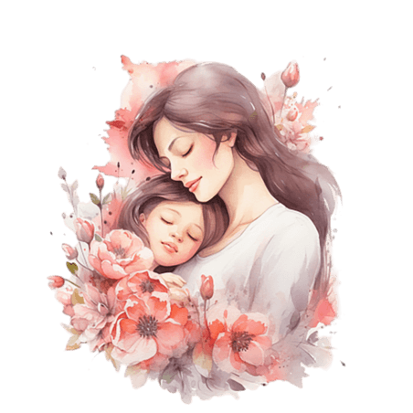 创意母子鲜花水彩元素母亲节母婴亲子关系温馨免抠图案