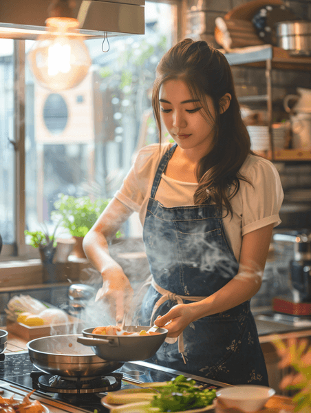 创意做饭烧菜亚洲人物亚洲人青年女人在厨房里做饭
