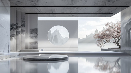 创意新中式中国风庭院优雅意境古风展台合成创意素材背景