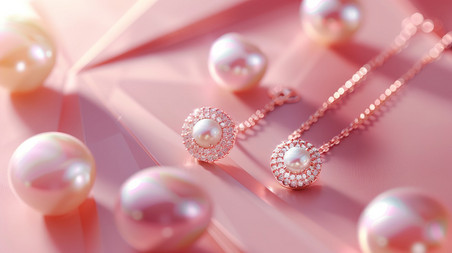 创意粉色浪漫珠宝珍珠的项链和耳环摄影配图