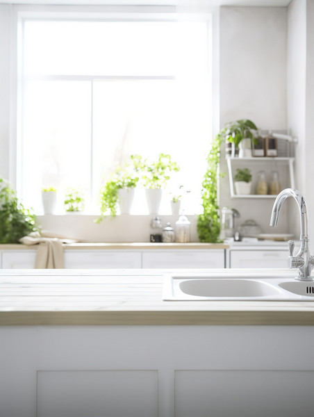 创意干净的厨房绿植白色色调干净明亮桌子产品摄影背景