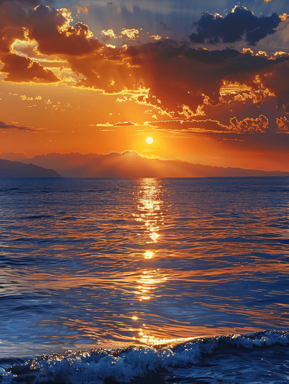 创意广阔大海海浪夕阳上壮观日落摄影图