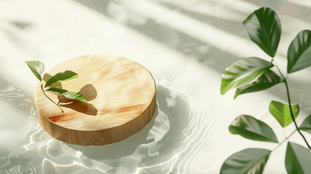 创意木盖绿叶漂浮夏天夏季清新简约光影水面木桌展台背景