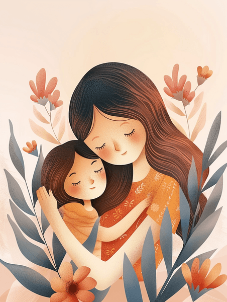 母亲节亲子母爱花朵花丛树叶母女拥抱的插画