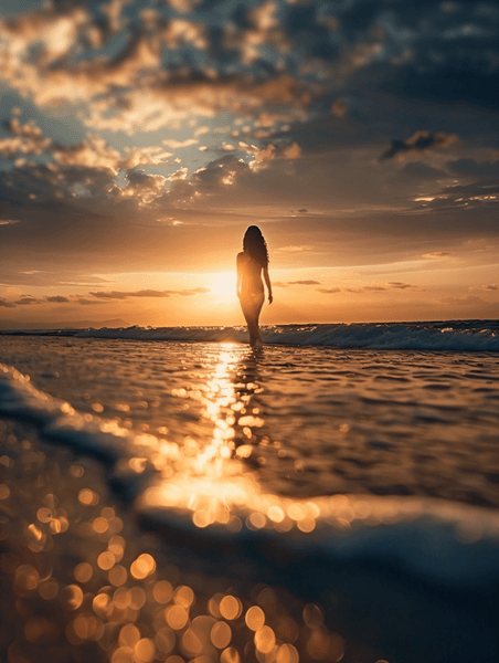 创意金巴兰夕阳大海海浪摄影图