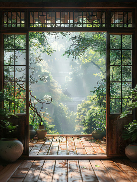 创意中式庭院木雕门框清新春天植物装修高清摄影图