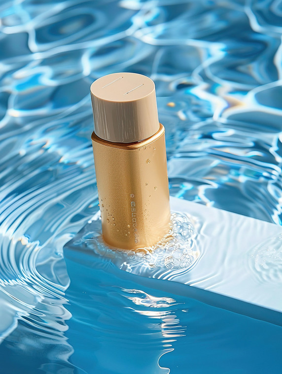 夏天夏季美妆化妆品拍摄水面水边的金色化妆品瓶图片