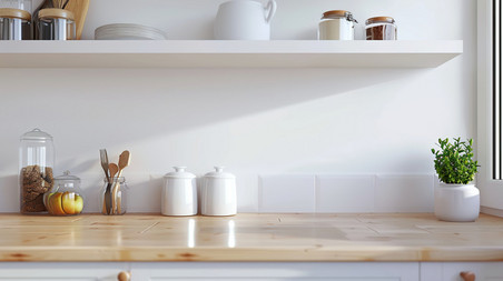 创意白色厨房调料摆放的温馨桌面简约产品展示背景