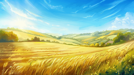 清新唯美蓝天白云下农田稻子丰收农业水稻小麦的背景