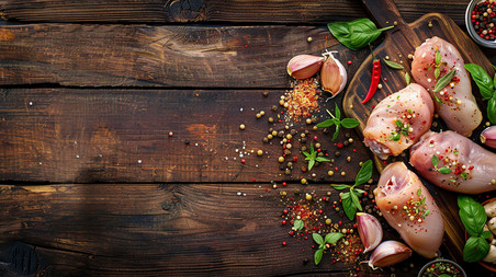 创意香料鸡腿立体餐饮美食木桌木头生鲜背景描绘摄影照片