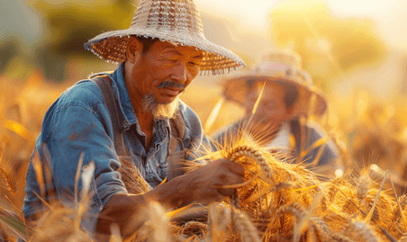 创意亚洲人农民在麦田里交流技术2农田丰收麦穗
