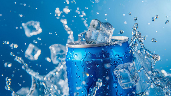 夏天夏季清凉蓝色飞溅可乐创意冰块汽水描绘摄影照片