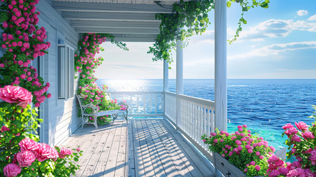 创意空境窗台海边大海风景唯美海边花朵凉亭的摄影照片