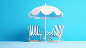 蓝色夏天夏季防晒夏季沙滩椅和阳伞旅游度假
