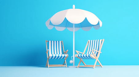 蓝色夏天夏季防晒夏季沙滩椅和阳伞旅游度假