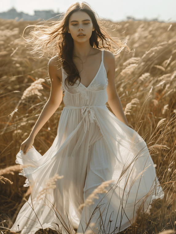 创意模特夏天清新文艺白天穿着白裙子的美女户外草坪迎风走路摄影图