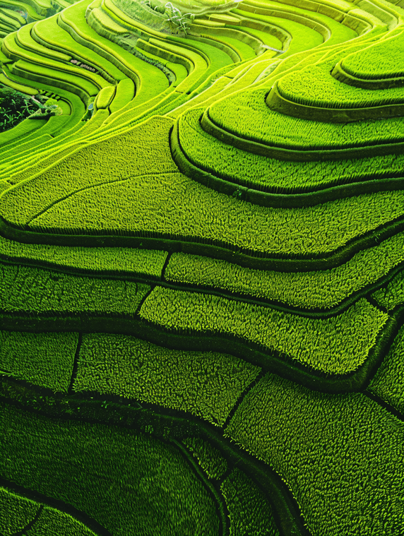 创意农田梯田植物航拍美丽乡村农业稻田绿油油的禾苗