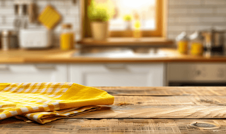 创意木桌和黄色餐巾布上厨房桌面产品展示背景