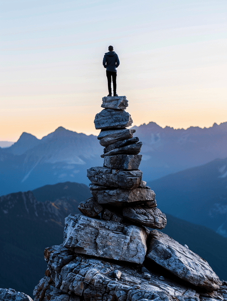企业文化商务登顶山脉的石头和岩石励志人站在山顶