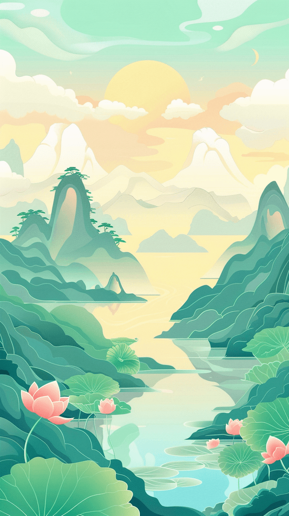 夏季清新端午节荷塘荷花夏天山水国潮中国风背景