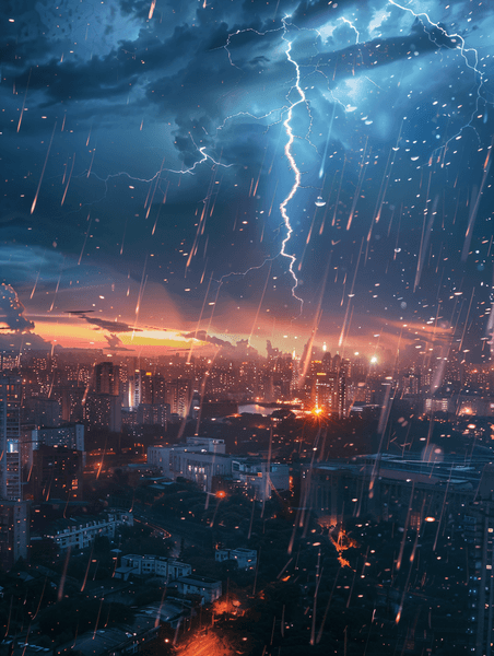 创意极端城市雷雨闪电天气白天雷阵雨城市城市暴雨摄影图