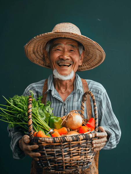 创意亚洲人兴奋的农民拿着一筐蔬菜农业老人丰收
