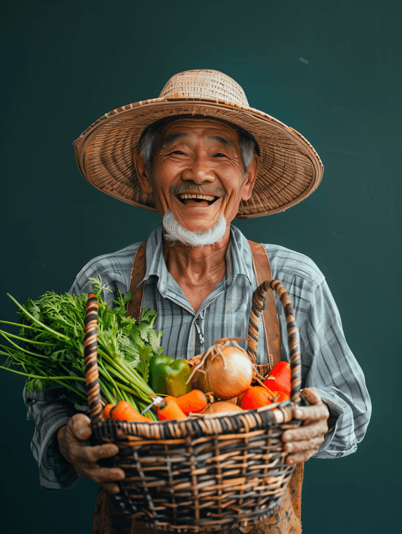 创意亚洲人兴奋的农民拿着一筐蔬菜农业老人丰收