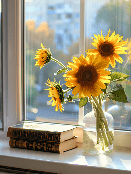 创意放在窗台上的向日葵和书文艺清新