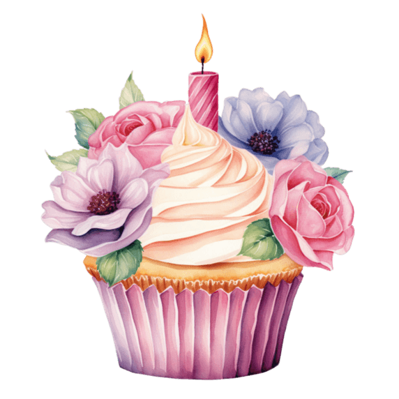 水彩可爱蛋糕生日冰淇淋鲜花元素免抠图案