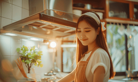 创意亚洲人青年女人擦洗油烟机妇女做饭