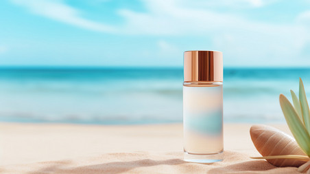 创意热带沙滩化妆瓶子夏天夏季大海防晒美妆设计图