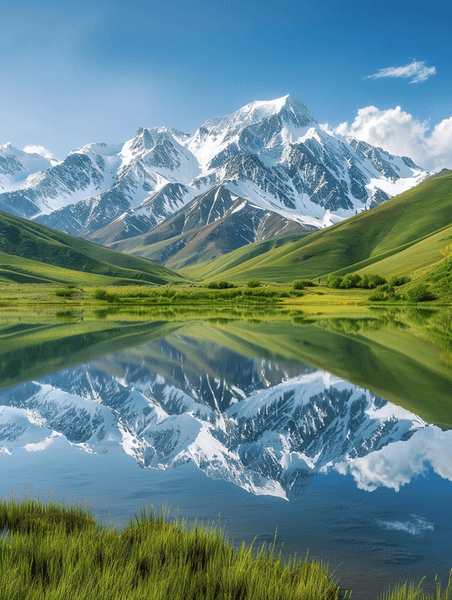 创意新疆伊犁唐布拉仙女湖草原雪山风景高山摄影图