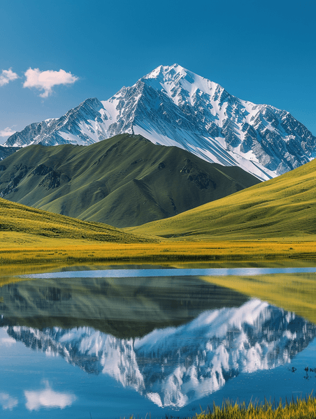 创意风景高山新疆伊犁唐布拉仙女湖草原雪山摄影图