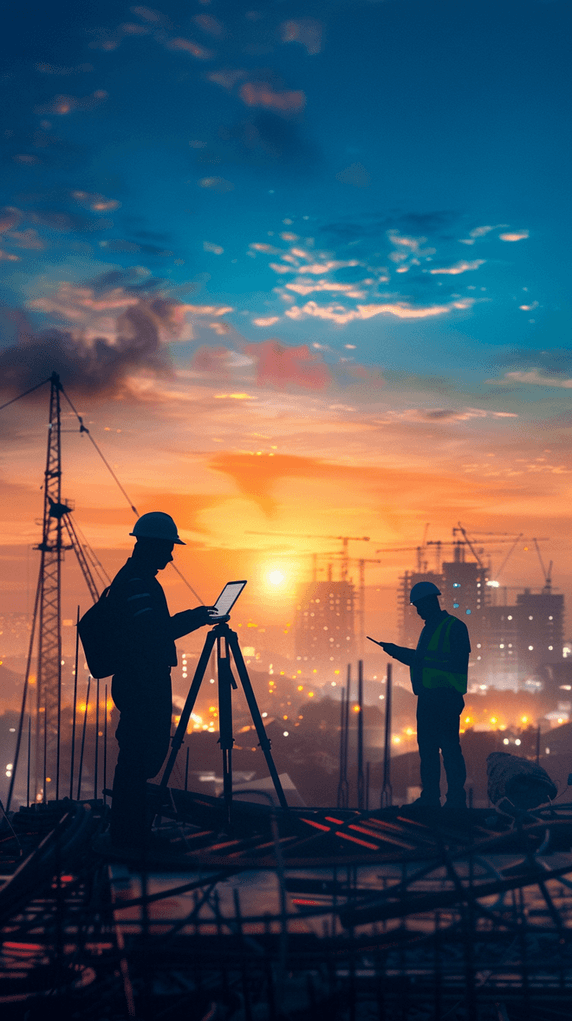 创意五一城市建筑背景里的劳动工人剪影