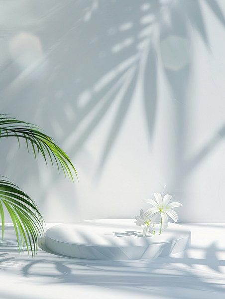 白色清新光影夏天展台空荡荡的房间鲜花和棕榈叶的影子背景
