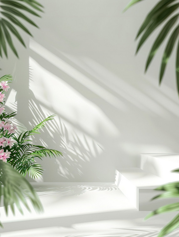 简约电商展台创意空荡荡的房间鲜花和棕榈叶的影子