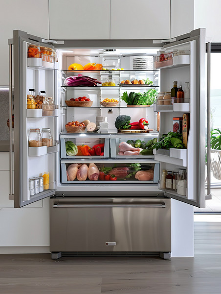 创意现代厨房打开的双开门冰箱摄影图