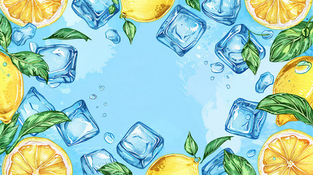 创意柠檬冰块绿叶夏天夏季清凉边框背景