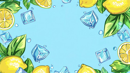 创意柠檬冰块绿叶边框夏天夏季清凉边框背景图