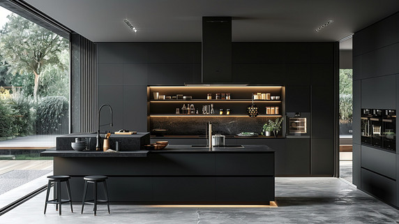 创意深灰色开放厨房橱柜高端现代化摄影图