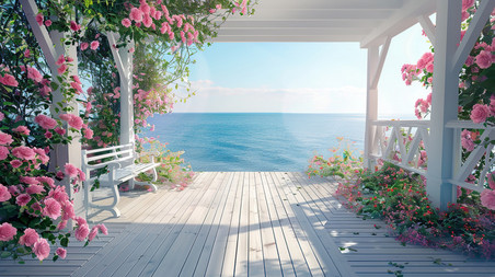 空境窗台海边大海风景唯美海边花朵凉亭的摄影照片