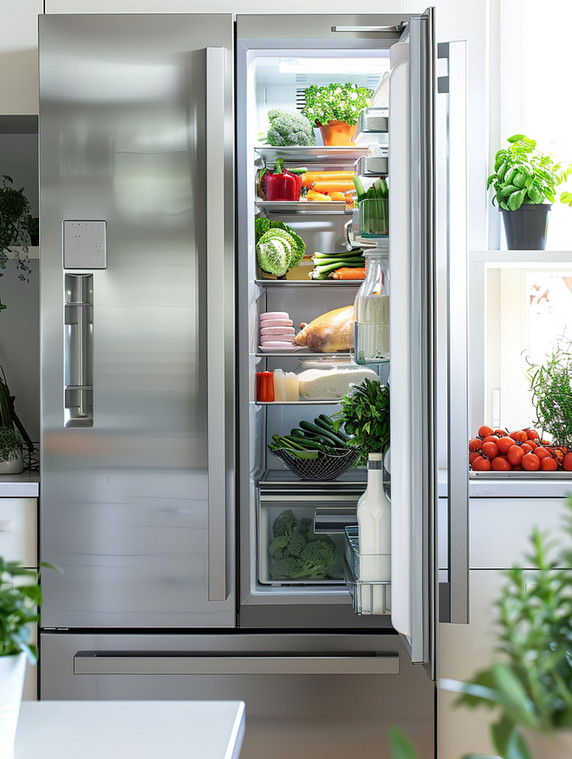 创意现代厨房打开的冰箱高清图片