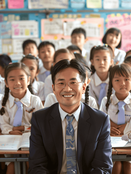 创意亚洲人老师和小学生们在教室里人物儿童节童年学习学生老师微笑开心