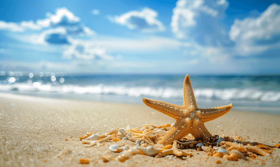 创意夏日出游大海蓝天海岸沙滩夏天旅游海星摄影图