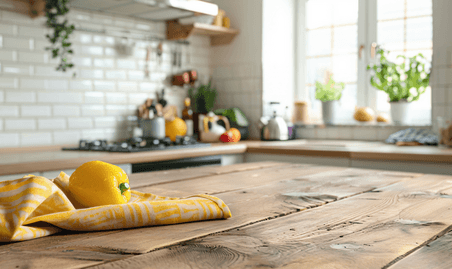 创意木板木质木桌产品展示木桌和黄色餐巾布上厨房背景