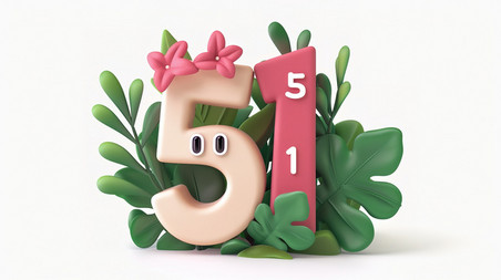 创意树叶植物文字可爱数字“51”背景素材